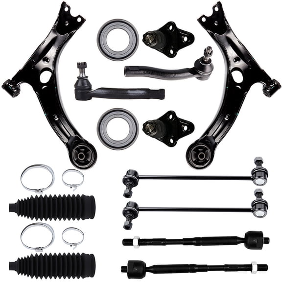 cciyu Lower Control Arm Lower Ball Joint Inner Tie Rod End Outer Tie Rod End Sway Bar Link Steering Rack Boot Wheel Hub Compatible fit 2003-2008 For Toyota Corolla 14pcs Suspension Kit