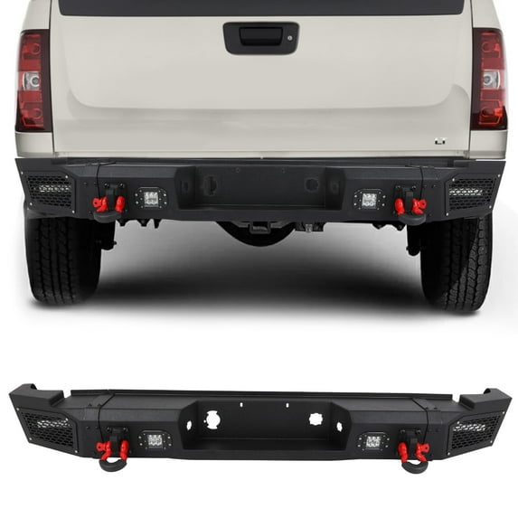 cciyu Rear Bumper Compatible for 2007-2010 for Chevrolet Silverado 2500 HD 3500 HD with D-ring, LED Lights