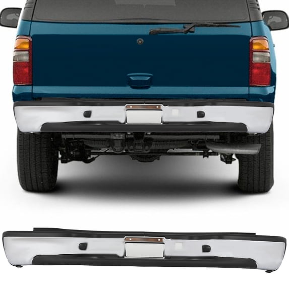 cciyu Rear Bumper Compatible for Chevy Tahoe Suburban GMC Yukon XL 2000-2006 With License Plate Lights