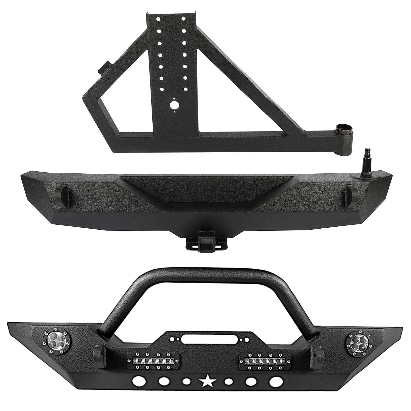 cciyu Rront Bumper and Rear Bumper w/Tire Carrier Compatible for 2007 2008 2009 2010 2011 2012 2013 2014 2015 2016 2017 2018 for Jeep Wrangler JK with D-ring, LED Lights