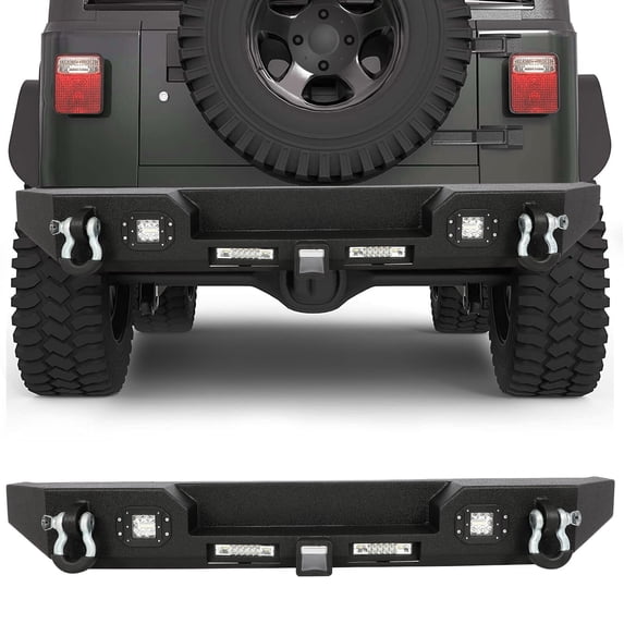 cciyu Upgraded Textured Black Rear Bumper Compatible for 1997-2006 for Wrangler TJ Heavy Duty Steel Bumper with D-ring and 2X 4LED Lights