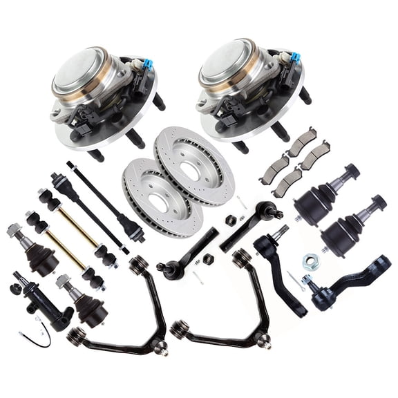cciyu Upper Control Arm Idler Pitman Arm Tie Rod Sway Bar Wheel Hub Brake Pad Rotor For Cadillac Escalade For Chevy Avalanche Silverado Suburban 1500 Tahoe For GMC Sierra 1500 23pcs Suspension Kit