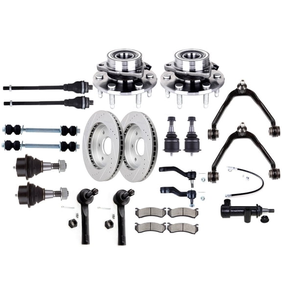 cciyu Upper Control Arm Idler Pitman Arm Tie Rod Sway Bar Wheel Hub Brake Pad Rotor For Cadillac Escalade For Chevy Avalanche Suburban Silverado 1500 Tahoe For GMC Sierra 1500 23pcs Suspension Kit