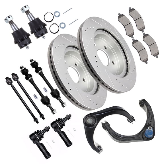 cciyu Upper Control Arm Lower Ball Joint Inner Outer Tie Rod End Sway Bar Link Brake Pad Brake Rotor Compatible fit 2006-2008 For Dodge Ram 1500 16pcs Suspension Kit