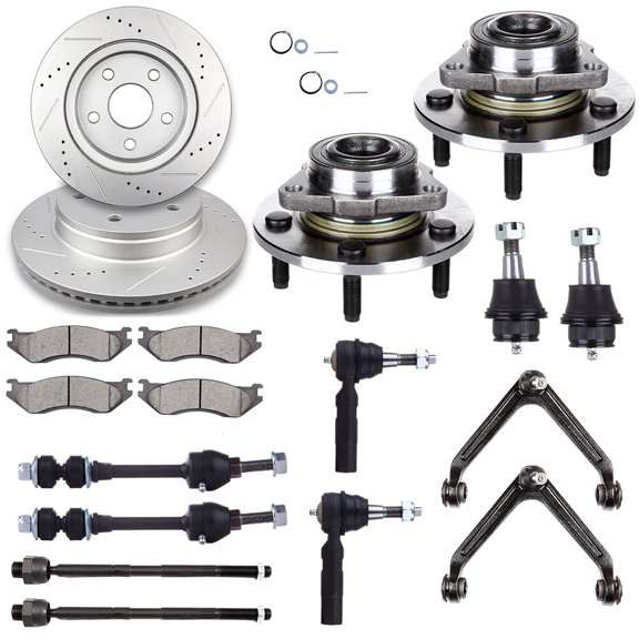 cciyu Upper Control Arm Lower Ball Joint Inner Outer Tie Rod End Sway Bar Link Wheel Hub Brake Pad Brake Rotor Compatible fit 2002-2005 For Dodge Ram 1500 18pcs Suspension Kit
