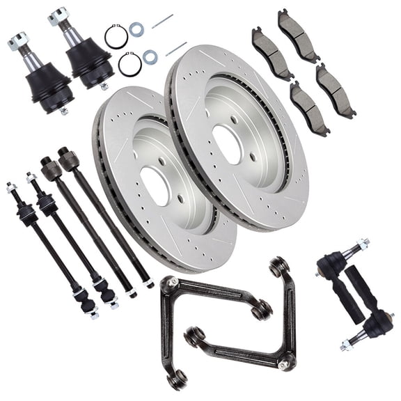 cciyu Upper Control Arm Lower Ball Joint Inner Tie Rod End Outer Tie Rod End Sway Bar Link Brake Pad Brake Rotor Compatible fit 2002-2005 For Dodge Ram 1500 16pcs Suspension Kit