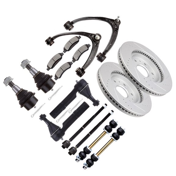 cciyu Upper Control Arm Tie Rod End Sway Bar Link Brake Pad Brake Rotor Fit For Cadillac Escalade For Chevy Avalanche Silverado Suburban 1500 Tahoe For GMC Sierra 1500 Yukon 16pcs Suspension Kit