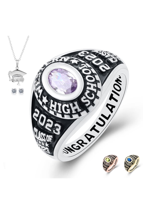 Customized, Birthstone High School and College Class Rings, Sterling Silver Platinium