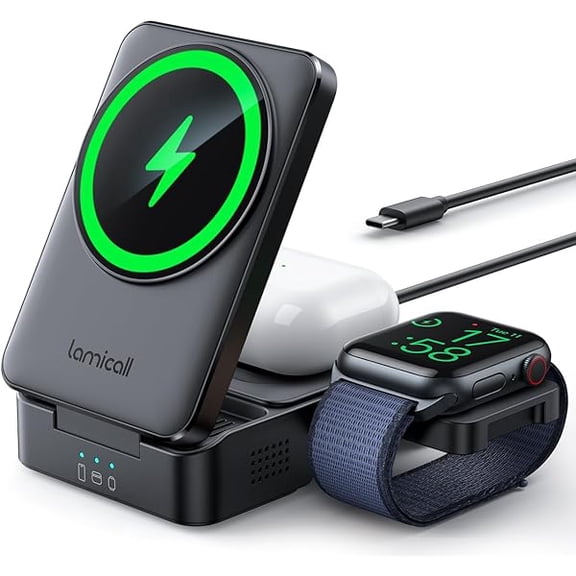 ccwonima 3 in 1 Compact Wireless Charging Station for Apple Magsafe, [Safe Cooling] Foldable Travel Magnetic Charger Stand Gifts for iPhone 17 16 15 14 13 12 Series, Airpods Pro, Apple Watch Ultra