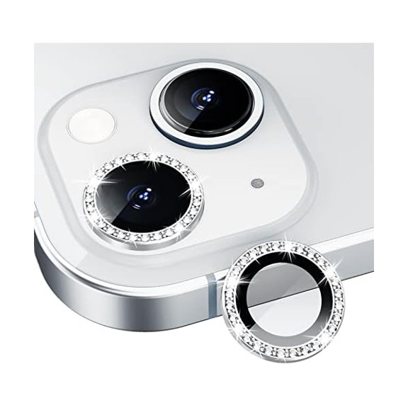 ccwonima Bling Diamond Individual Camera Lens Protector for iPhone 13 / iPhone 13 Mini, HD Clear Tempered Glass Camera Lens Screen Protection Cover, Case Friendly, Scratch Proof (Silver)