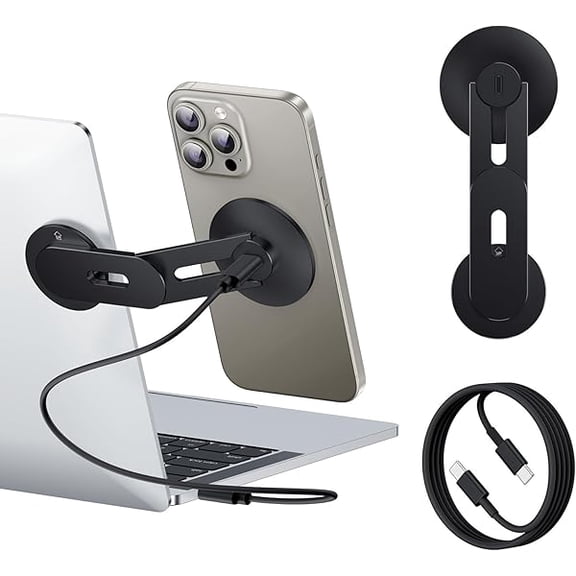 ccwonima Laptop Phone Holder, Magnetic Phone Stand 15W Fast Wireless Charger for MagSafe for iPhone 17/16/15/14/13/12 & All Phones for Tesla (Black)