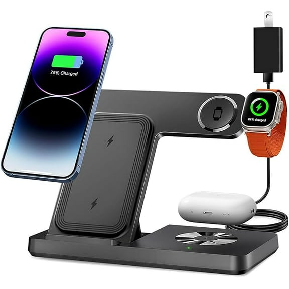 ccwonima Wireless Charger, 3 in 1 Charging Station for Multi Devices, Charging Stand Dock for iPhone 8-16 Series, Apple Watch, AirPods Pro 3 2 with Adapter (Black)