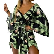 OCUHOME cdar Asymmetrical Hem Mini Dress Tropical Print Sexy Tie Front V Neck Women Dress Beachwear Dress