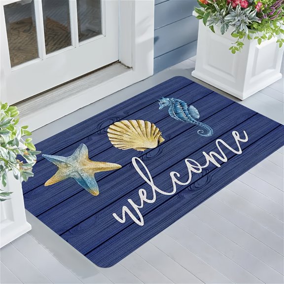 cean Starfish Shell Welcome Pattern Door Mat - Machine Washable, High-Quality Flannel, Suitable For Bathroom, Living Room, Bedroom, Kitchen, Office