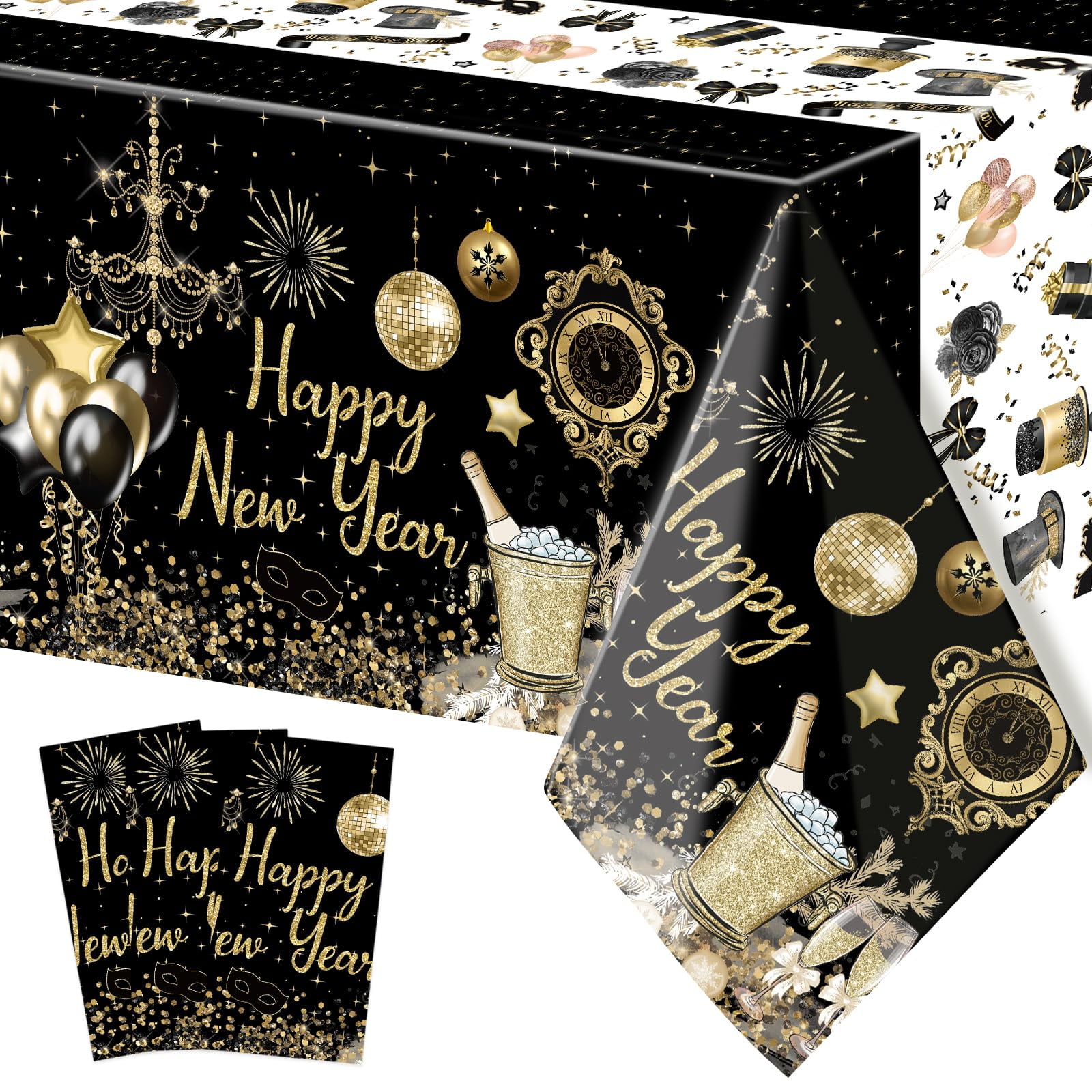 PHOGARY 2026 New Year's Eve Tablecloth [3 Pack] - 54x108 Inch Black & Gold Disposable Party Decor
