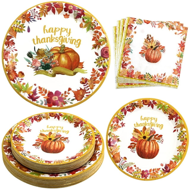 ceiba tree Thanksgiving Disposable SSF20 Paper Plates and Napkins Sets for 24 Guests Fall 9inch Dinner Plates 7inch Dessert Plates Party Supplies Heavy Duty Dinnerware