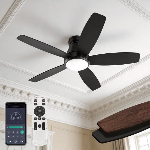 Behome 42" Ceiling Fan, Low Profile Ceiling Fans with Lights and Remote/APP Control, Double-sided Fan Blades, Flush Mount, 6 Speeds & Reversible, 3CCT, Dimmable, Noiseless, for Bedroom, Living Room