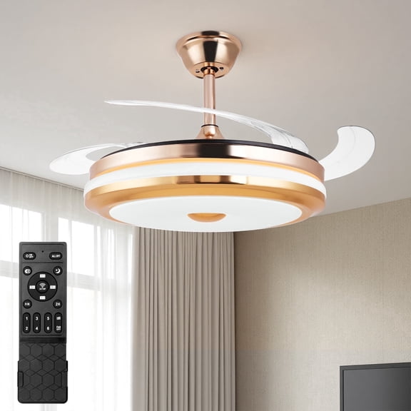42 Inch Retractable Ceiling Fan w/Light and Remote, Quiet DC Motor Fandelier w/ 6 Speeds, Reversible Airflow, Dimmable LED 3-Color Changeable,  Modern Fan for Bedroom Living Room (gold)