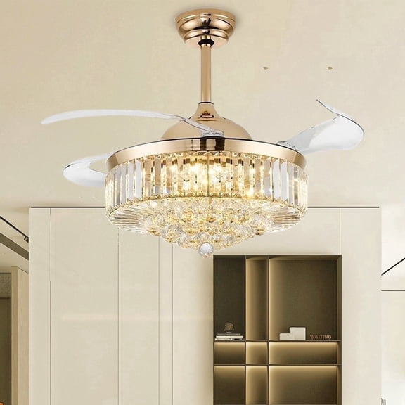 Jacgood 42" Retractable Crystal Ceiling Fan with Light and Remote Control, 6-Speed Quiet DC Motor, Dimmable LED Fandelier for Bedroom and Living Room, Gold Finish