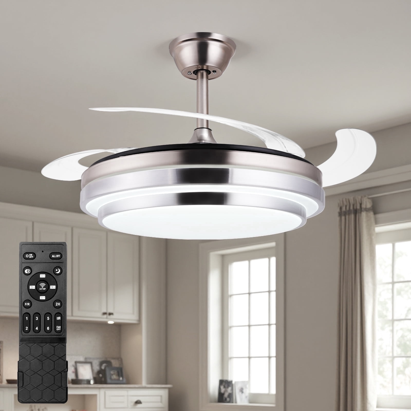 Jacgood Modern Fandelier Ceiling Fan with Light, 42" Brushed Nickel Ceiling Fan with Invisible Blades, Retractable Chandelier Fan for Dining Room, Dimmable 3 Color Changeable LED Fixture with Remote