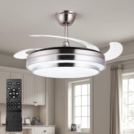 Jacgood Modern Fandelier Ceiling Fan with Light, 42" Brushed Nickel Ceiling Fan with Invisible Blades, Retractable Chandelier Fan for Dining Room, Dimmable 3 Color Changeable LED Fixture with Remote