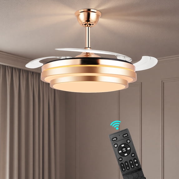 Jacgood Retractable Celling Fan with Light, 42 Inch Fandelier Ceiling Fan for Bedroom Living Room Dining Room, 6 Speed & Dimmable LED Light