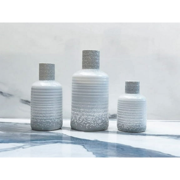 ceramic bottle vases, gray with white acid wash detail, set of 3. 6", 8" & 10"T.