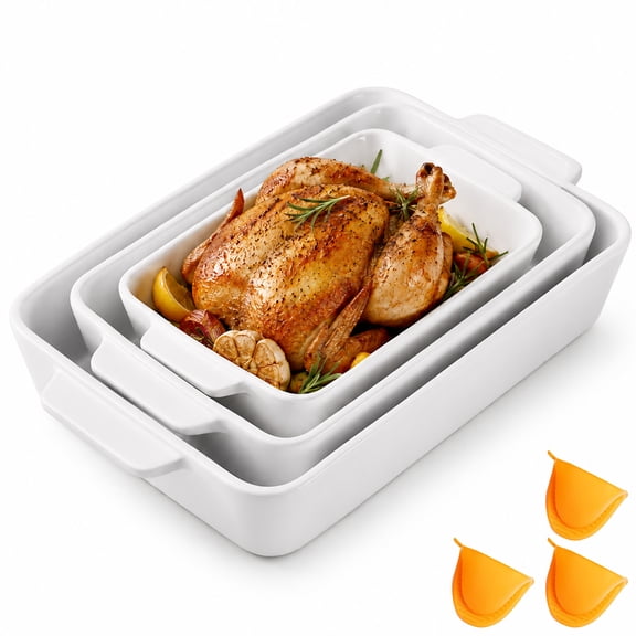 Ceramic Baking Dish Set of 3, 13.2/11.1/8.9 Inch Square Casserole Pan with Handles & Silicone Mitts, Oven Safe Baking and Serving Dish for Steak Chicken Pasta Lasagna & Roasted Vegetables, White