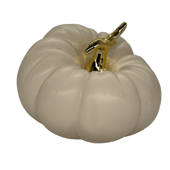 ceramic pumpkin cream. elegant cream pumpkin with gold stem 6"Tx7.5"D.