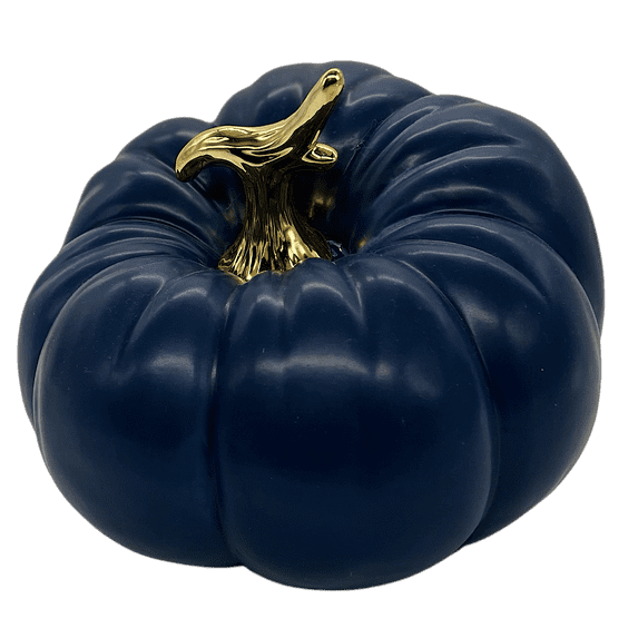 ceramic pumpkin navy. elegant blue ceramic pumpkin with gold stem. 6"Tx7.5"D.