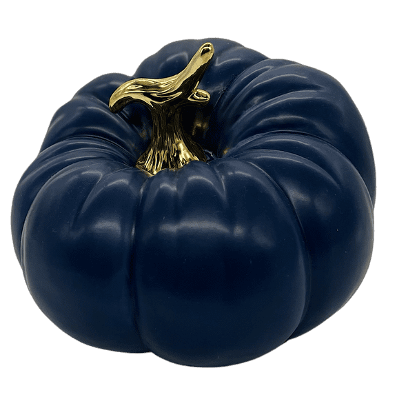 ceramic pumpkin navy. elegant blue ceramic pumpkin with gold stem. 6"Tx7.5"D.