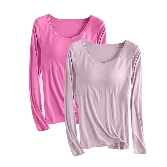 cfhntfmh 2 Pack Women's Long Sleeve Shirts Modal Padded Basic Sleep T-Shirts Loungewear Built-in-Bra Scoop Neck Slim Fit Yoga Tops Tees（Hot Pink 1,XX-Large)