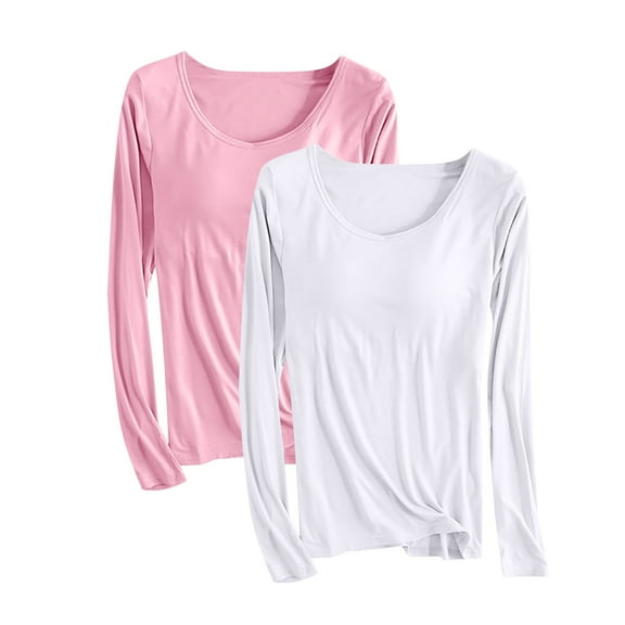 cfhntfmh 2 Pack Women's Long Sleeve Shirts Modal Padded Basic Sleep T-Shirts Loungewear Built-in-Bra Scoop Neck Slim Fit Yoga Tops Tees(Pink 2,X-Large)