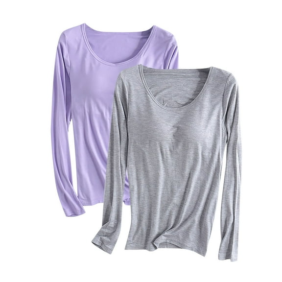 cfhntfmh 2 Pack Women's Long Sleeve Shirts Modal Padded Basic Sleep T-Shirts Loungewear Built-in-Bra Scoop Neck Slim Fit Yoga Tops Tees（Purple,4X-Large)