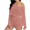 thumbnail image 1 of cfhntfmh 2 Piece Lounge Outfit for Women Comfy Knit off Shoulder Long Sleeve Crop Tops Soft Shorts Matching Homewear Sets, 1 of 4