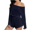 thumbnail image 1 of cfhntfmh 2 Piece Lounge Outfit for Women Comfy Knit off Shoulder Long Sleeve Crop Tops Soft Shorts Matching Homewear Sets, 1 of 4