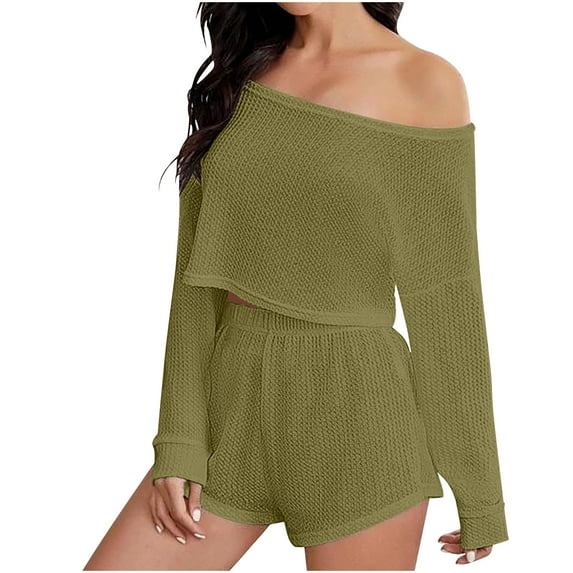 cfhntfmh 2 Piece Lounge Outfit for Women Comfy Knit off Shoulder Long Sleeve Crop Tops Soft Shorts Matching Homewear Sets