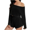 thumbnail image 1 of cfhntfmh 2 Piece Lounge Outfit for Women Comfy Knit off Shoulder Long Sleeve Crop Tops Soft Shorts Matching Homewear Sets, 1 of 5