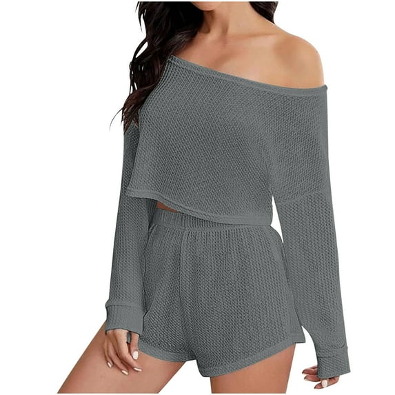 cfhntfmh 2 Piece Lounge Outfit for Women Comfy Knit off Shoulder Long Sleeve Crop Tops Soft Shorts Matching Homewear Sets