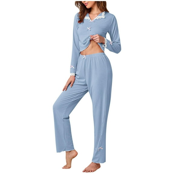 cfhntfmh 2 Piece Lounge Sets Womens Casual Knit Long Sleeve Lace Top with Long Pant Fall Outfits Matching Pajama Set