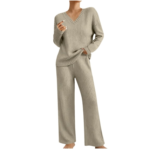 cfhntfmh 2 Piece Lounge Sets for Women Fall Outfits Ribbed Knit V Neck Top Wide Leg Pant Set Fall Winter Sweatsuits Pajama Sets
