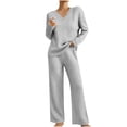 thumbnail image 1 of cfhntfmh 2 Piece Lounge Sets for Women Fall Outfits Ribbed Knit V Neck Top Wide Leg Pant Set Fall Winter Sweatsuits Pajama Sets, 1 of 7