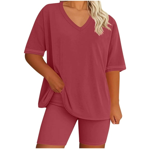 cfhntfmh 2 Piece Lounge Sets for Women Plus Size Summer Outfits Short Sleeve V-Neck Tops and Baker Shorts Matching Tracksuits