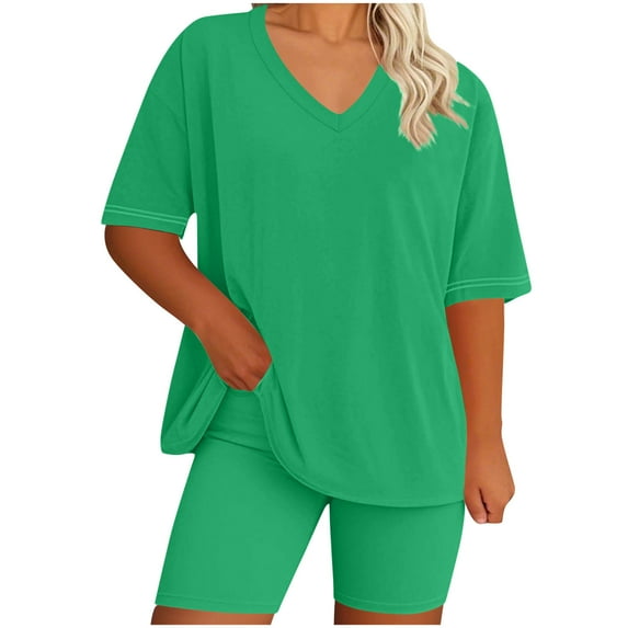 cfhntfmh 2 Piece Lounge Sets for Women Plus Size Summer Outfits Short Sleeve V-Neck Tops and Baker Shorts Matching Tracksuits