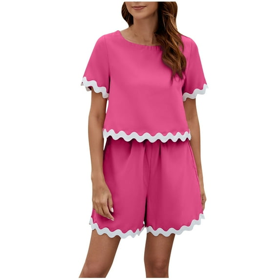 cfhntfmh 2 Piece Lounge Sets for Women Scallop Trim Short Sleeve Crewneck T-Shirts Comfy Shorts Color Block Outfits
