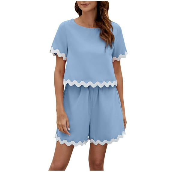 cfhntfmh 2 Piece Lounge Sets for Women Scallop Trim Short Sleeve Crewneck T-Shirts Comfy Shorts Color Block Outfits