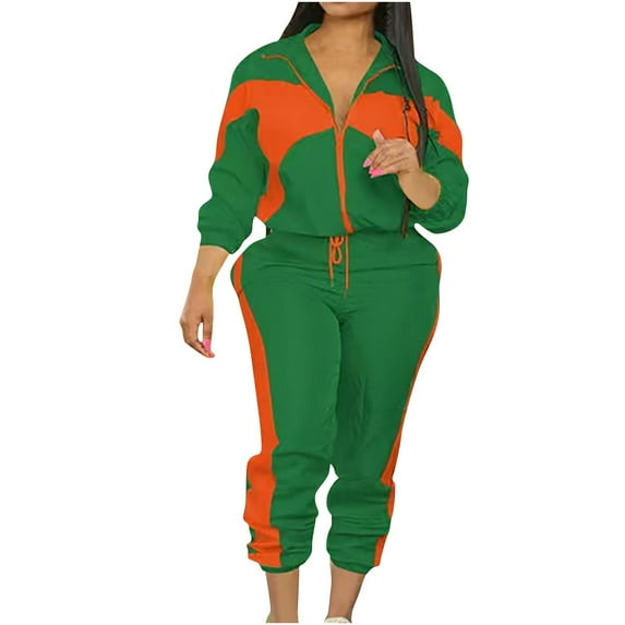 cfhntfmh 2 Piece Outfits for Women Fashion Long Sleeve Zip up Jackets Soft Casual Jogger Pants Color Block Workout Sets