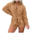 thumbnail image 1 of cfhntfmh 2 Piece Outfits for Women Lounge Sets Front Knot Long Sleeve Button down Oversized Shirts and Shorts Fall Tracksuit, 1 of 7