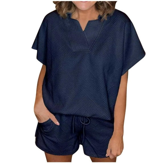 cfhntfmh 2 Piece Outfits for Women Ribbed Knit Matching Sets Short Sleeve V Neck Tops Loose Loungewear Plain Shorts with Pockets