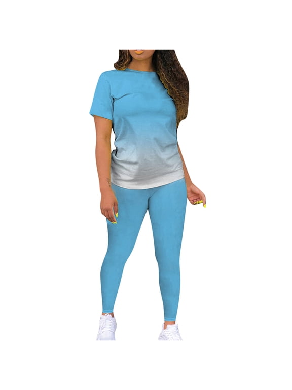 2 Piece Outfits for Women Short Sleeve Print Top Jogger Legging Pants Workout Tracksuits Sets